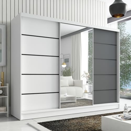 A&J MöbelLand Kleiderschrank Aurelia 2 – Schwebetürenschrank 200 cm breit mit Spiegel, 3-türig, Kleiderschrank mit Schubladen, Schiebetürenschrank für Schlafzimmer oder Garderobe