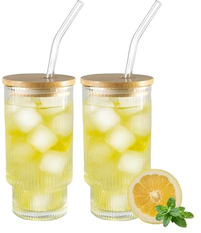 Henrrida 2 PCS Glass Cups with Lids and Straws, Retro Transparent Glassware, 11 Oz Reusable Ribbed Glasses, Suitable for Whiskey, Beer, Matcha Glass, Juice Iced Latte Glass, Cocktails, Glass Cups