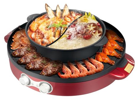 Fichiouy Juego de parrilla eléctrica y fondue, 220 V, 2200 W, 2 en 1, revestimiento antiadherente Hot Pot con plancha de 44 cm de diámetro, para fondue, barbacoa, Hotpot, fiestas familiares, fiestas