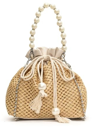 XFSRG Strandtasche Damen Perlen Stroh Clutch Vintage Boho Stil Handtasche Strohtasche mit Kette für Strand Hochzeitstasche Party Urlaub(Beige)