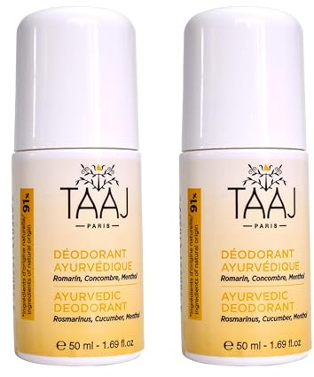TAAJ | Desodorante Natural Ayurvédico | Axilas limpias y perfumadas | Efecto antitranspirante y no deja marcas | Protección de larga duración | Fabricado en Francia | Vegano | Cruelty Free | 2 x 50 ml