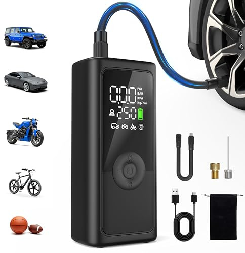 Car Tyre Inflator Air Compressor,150PSI Cordless Bike Pump 5 Modes with 6000mAh Battery, Digital Pressure Gauge& Power Bank, Auto Shut-Off, 3 LED Lights, Portable for Car Motorcycle Bike Balls