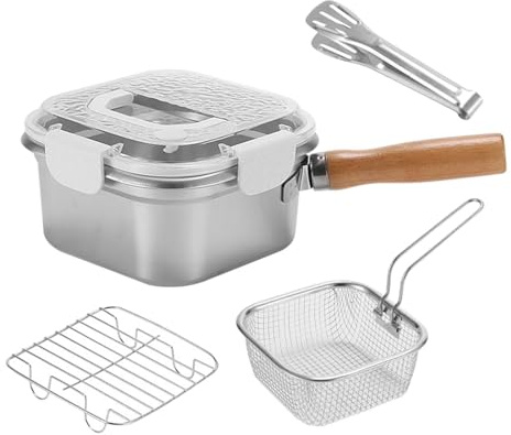 KiBcsLic Freidora Pequeña Olla Cuadrada Sartén Cesta de Malla Utensilio de Acero Inoxidable Multifuncional con Tapa Adecuado para Cocinas Domésticas Y Us, Blanco, Individual