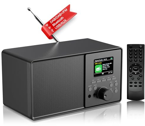 DAB/DAB+FM Digital Radio with 2.4-inch color display, Bluetooth, USB/AUX, remote control, dual alarm, sleep timer, kitchen radio, 6 languages, 30 station presets (Black)