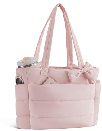 CTWWFS Puffer Tote Bag for Women, Quilted Bow Tote Bag with Cup Holder & 15.6 In Laptop Compartment, Lightweight Puffy Shoulder Bag with Zipper for Work, Travel, Gym, College (Pink)