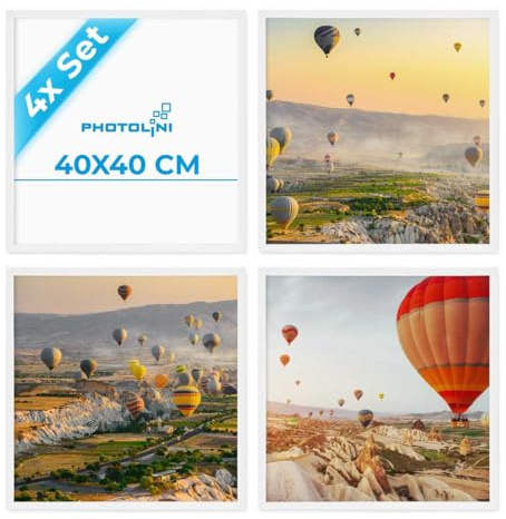 PHOTOLINI Bilderrahmen 40x40 Weiß, 4er Set Bilderrahmen quadratisch 40x40 Holz MDF mit bruchsicherem Acrylglas, Rahmen 40 x 40 zum Aufhängen mit Zubehör - Picture Frame für Fotos & Poster