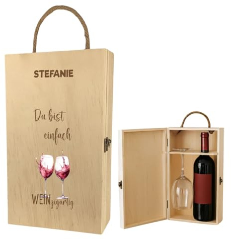AWASG Caja de vino de madera personalizada, caja de regalo para botella de vino con nombre, regalo personalizado, cumpleaños o Navidad, incluye copa de vino