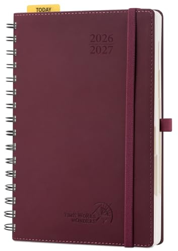 POPRUN Cuaderno del Profesor 2026 2027, Tapa Flexible PU, A5 21,5 x 15,3 cm | Agenda Docente, Espiral, Semana Vista, Pestaña Mensual, 12 Meses, Ago.2026 a Jul.2027, Papel 90 GSM, escolar, Borgoña Oscuro