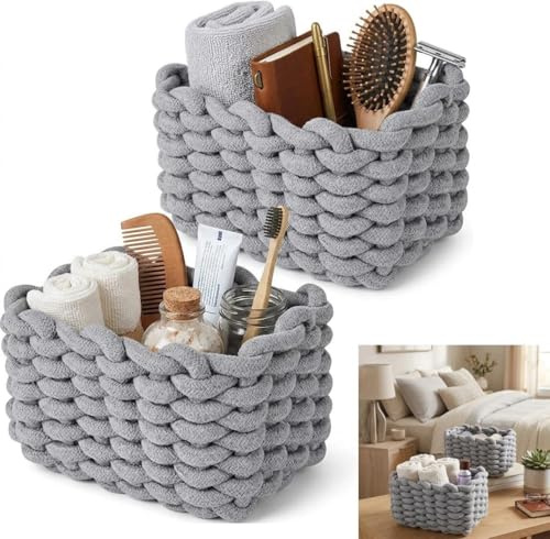 Cotton Rope Woven Storage Baskets,Fabric Basket Organisers,Bedroom storage basket,Collapsible Small Organizer Bins-Cute room decor for Bathroom, Closet(2PACK grey)