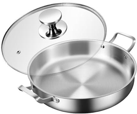 Paellapanna i rostfritt stål i 316 med lock, non-stick stekpanna för spansk skaldjur, induktionskompatibel, för gasspis och elektrisk spishäll, 32 cm