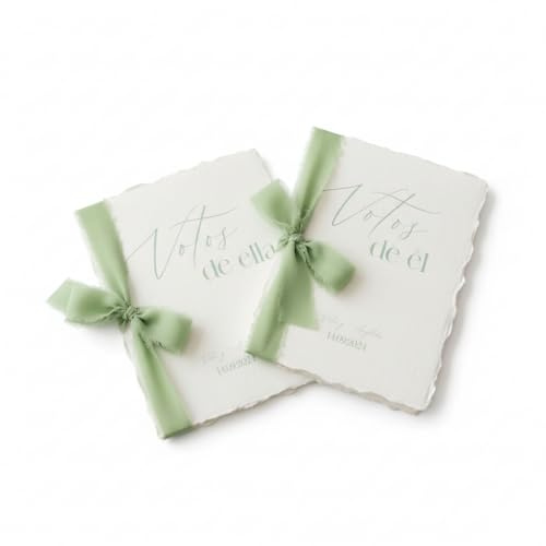 Libros de Votos para bodas Él y Ella con Papel de Algodón y Cinta de Seda Verde Sage - Regalo de Boda y Recuerdo de Ceremonia - Estilo Vintage y Elegante.