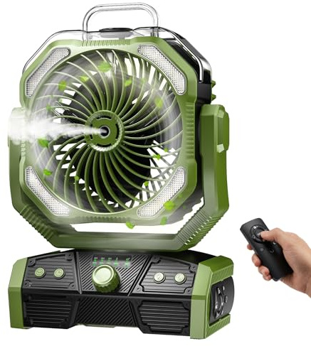 Minthouz 30000mAh Camping Ventilator mit Sprühnebel & LED Licht, USB Ventilator, 50h Laufzeit, Aufhängehaken Tischventilator mit Fernbedienung, für Outdoor, Zelt, Terrasse, Wohnwagen, Reisen