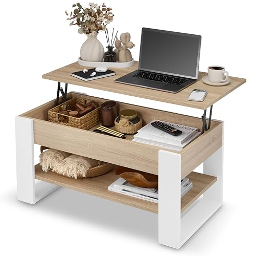 defiPad Table Basse Relevable avec Rangement - Table de Salon Moderne Industriel - Coffee Table avec Étagère et Compartiment Caché - Fabriquée en Europe - Réglable 45-61 cm (Blanc + Chêne Sonoma)
