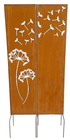 Sichtschutz-Tafeln Edelrost, 2-teilig, Gartendekoration aus Eisen, Gartendeko Schild Tafel 115cm höhe x 60cm Breite, Paravent zum Stecken Gartenschild Gartenstecker Wetterfest Rost Metall Zaun