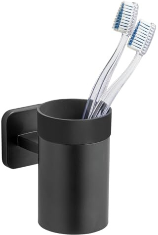 WENKO Turbo-Loc® Zahnbürstenhalter ohne Bohren für Bad & WC | Wandmontage mit Klebepad, optional zum Schrauben, Edelstahlhalterung, entnehmbarer Becher, schwarz matt, Mod. Porto Black