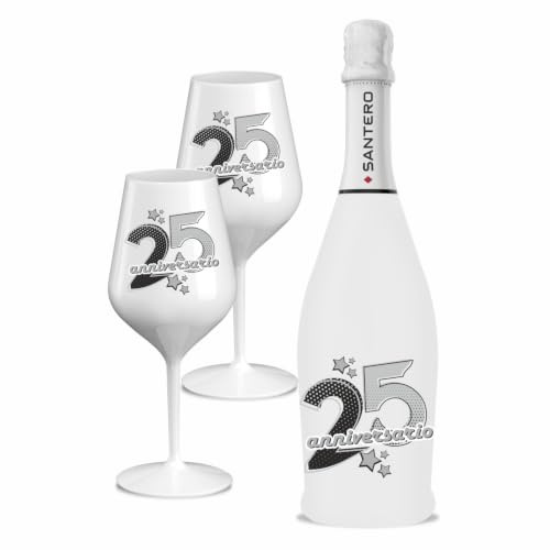 BRANDGIFT.IT Bottiglia Personalizzata 25 ° Anniversario Matrimonio Santero 958 Spumante Extra Dry + Due Calici Personalizzati Abbinati e Pack In Cartone