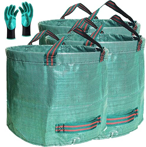 Confezione da 3 sacchetti riutilizzabili per foglie da giardino (86,4 cm di diametro x 86,4 cm di altezza), grandi sacchetti per rifiuti da giardino con guanti rivestiti e 4 manici, contenitore per