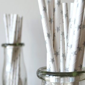 Paper Straws with Silver Stars - Holidays, Weddings, Showers - 100 pcs.