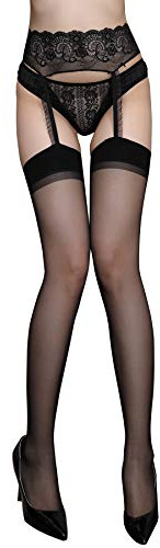 Confonze Womens Suspender Thigh High Stockings Sexy Lace Garter Belt Pantyhose (Black_7051)