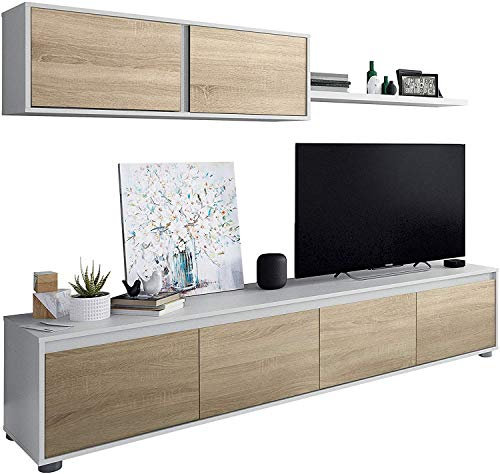 Mobelcenter, Mueble de salón Moderno Alida, Módulo TV, Módulo Superior y Estante, Color Blanco Artik y Roble Canadian, Medidas: Ancho: 200cm x Alto: 43 cm x Fondo: 41 cm (0903)