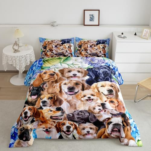 Feelyou Dog Comforter Kids Full Size Cute Cartoon Dogs Bedding Set for Boys Girls Pet Puppy Animal Design Toddler Duvet Set Lovely Pug Bulldog Collage Pattern Quilt Set Bedroom Collection 3Pcs