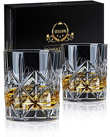 veecom Juego de 2 Vasos Whisky Cristal de 300ml, Sin Plomo para Cóctel, Whisky Escocés, Bourbon, Regalo para Hombre, Padre