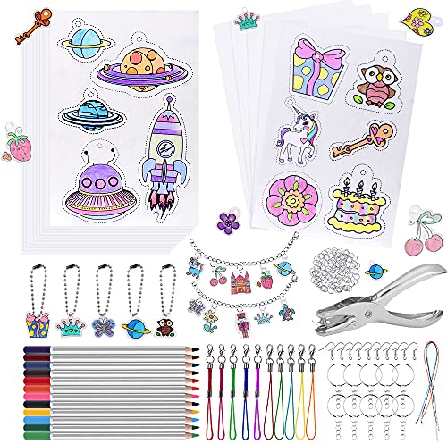 Contever 168 Stück Schrumpffolie Set, A5 Schrumpffolie Set Schlüsselanhänger Inklusiv 5 Schrumpfpapier Transparent,15 Schrumpffolie zum Basteln mit Muster, Schließe, Bleistifte, Locher,für Kinder