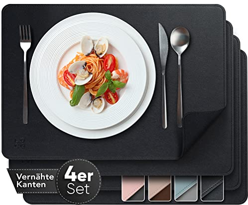 Loco Bird Tischsets 4er Set aus PU-Leder - Platzsets Abwaschbar - 43x30cm Tischdeckchen - Tischset beidseitig Schwarz, Platzset Lederoptik, abwaschbare Tischset Kunstleder, Platzdeckchen Abwaschbar