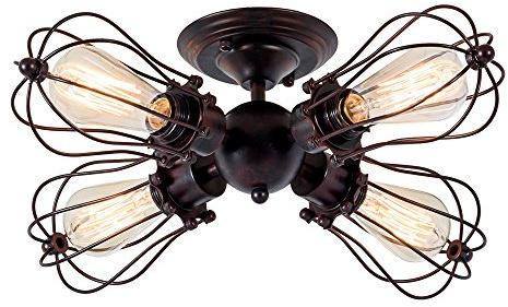 Luling Vintage Deckenleuchte Industrielüster Verstellbare Steckdose Metalldrahtkäfig Halbschlussmontage Rustikale Decke Leichtmetalllampe Lampen (ohne Glühbirne) (mit 4 Licht) (Rost)
