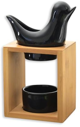 Quemador de Perfume Birdy Negro – Quemador Fondant Cera Perfumada – Difusor de Aceite Esencial y Perfume para el hogar – Candelabro aromaterapia Puerta Vela de Madera y cerámica Decorativa – Altura: