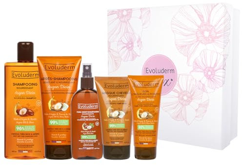EVOLUDERM – Coffret - Argan Divin - Avant-Shampoing + Shampoing Nourrissant + Après-Shampoing Démêlant + Soin Longueurs & Pointes + Masque 150 ml - Fabrication Française (Flower)