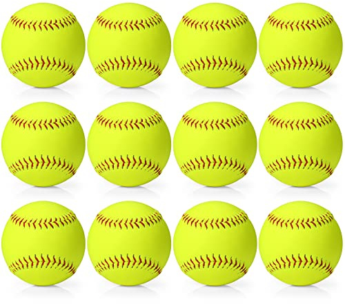 Lewtemi 12 Pcs 11 Softballs Official Size and Weight - Yellow Leather Covered Slowpitch and Fastpitch Training Balls for Youth Practice Games and Drills for Teams and Beginners