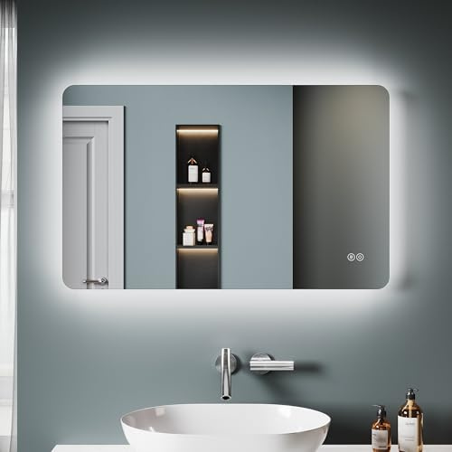 SONNI LED-badrumsspegel på 80 x 50 cm, badrumsspegel med belysning med 3 justerbara ljusfärger, spegel med belysning, imfri, pekbrytare, väggspegel