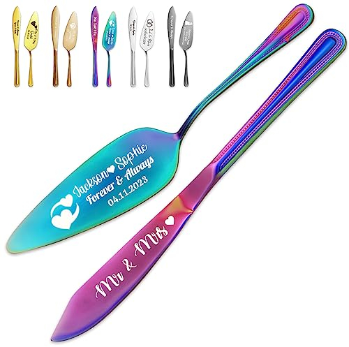Juego de cuchillos y servidores personalizados para tartas de boda, juego de corte de pastel grabado para boda, cortador de pastel personalizado y servidor de pizza para despedida de soltera,
