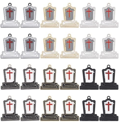 SUNNYCLUE 1 Box 36Pcs Halloween Charms Gothic Style Grave Charm Enamel Cross Tombstone Charm Bulk Black White Tomb Memorial Charms for jewellery Making Charms DIY Necklace Bracelets Earrings Supplies