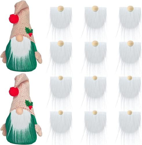 JIEOU Christmas GNOME Beard, 12PCS Precut Faux Fur GNOME Beard with Round Wooden Balls, Handmade DIY Crafts Dcoration Supplies (White)