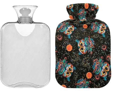 ZZXXB Wärmflasche mit Fleece-Bezug, Motiv: Eule Galaxie, Sterne, PVC, 2 Liter