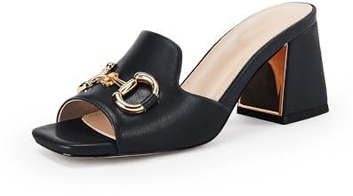 gihubafuil Women's Sandals Peep Toe Slides Chunky Heel Mules Single Band Comfort Slip-on Shoes with Metal Chain for Spring Summer Black