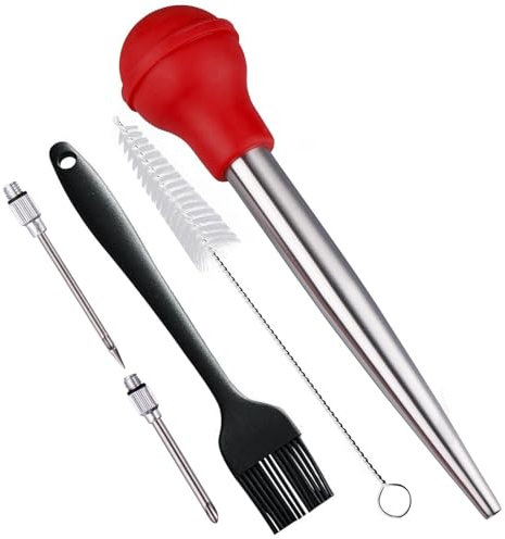 IFFMYJB Turkey Baster Set, 18/8 Stainless Steel Turkey Baster Syringe for Cooking, Meat Injector Baster Set&2 Needles&2 Cleaning Basting Brush, Baster for Flavor Meat Poultry, Beef&Chicken Ect Red