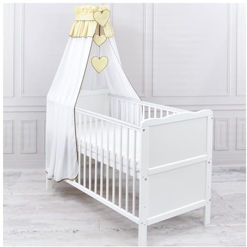 Generisch Baby Delux Babybett Himmel Betthimmel Chiffon Baldachin für Babybett Kinderbett Wiege Stubenwagen Himmelstange Applikationen Herz Deko (Karro Hellbeige, mit Himmelstange)