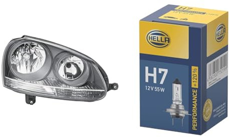 Hella Halogen-Hauptscheinwerfer - für u.a. VW Golf V (1K1) - grau - ECE - für Rechtsverkehr - rechts & Halogen-Glühlampe - H7 - Performance + 120%