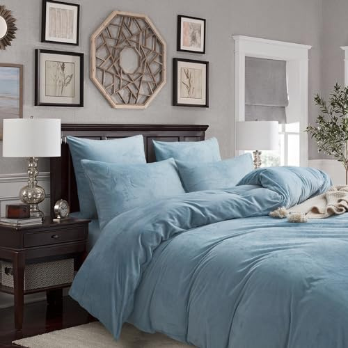 Set di biancheria da letto Gezu invernale, in caldo piumino, 200x200 cm, blu chiaro, doppio lato, in flanella di cashmere, tocco in pile, morbido tessuto in velluto, con chiusura lampo, con federa per