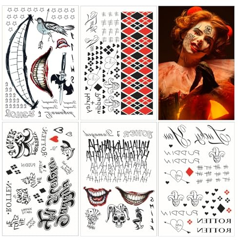 5 Blatt Joker Tattoo Halloween, Halloween Clown Temporäre Tattoo, Joker Tattoo Aufkleber, Clown Gesichtstattoos, Klebetattoos Erwachsene, Für Halloweens Karneval Fasching Cosplay Thema Party