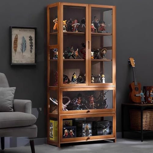 Glasvitrine, Glastür, antiker Schrank, Vitrine, natürlicher Bambusrahmen, Einzel-/Doppeltür-Design, praktische Aufbewahrung (Größe: 65 x 32 x 170 cm, Farbe: Braun)