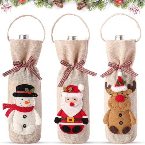 Vinväska, 3 stycken vinflaskor förpackning, flaskpåsar, flaskfodral, vin presentpåsar, flaskor, 3 stilar flaskpåsar, jute vinpåsar, flaskpåsar jul för vin whisky champagne (B)