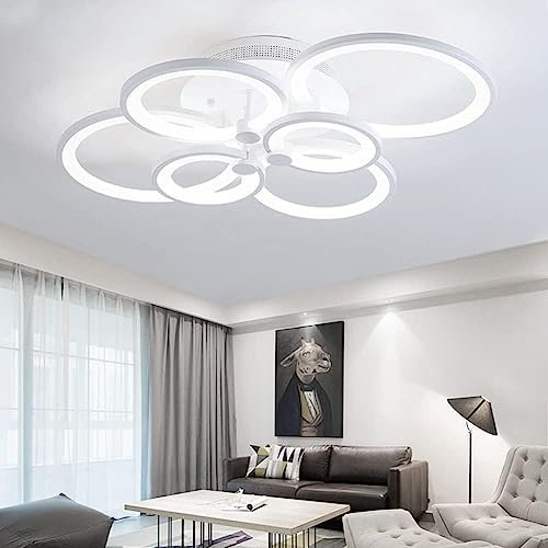 XEMQENER Modern LED Ceiling Light, 94W Flush Mount Pendant Light with 6 White Rings, Acrylic Chandelier for Living Room Bedroom Lounge Dinning Room(Cool White)