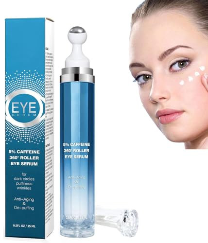5% Eye Serum mit 360° Massageball, Caffeine Eye Enhance Roller Creme, Für Dunkle Kreise und Schwellungen Reduzieren Falten und Feine Linien (15ml, 1 Stücke)