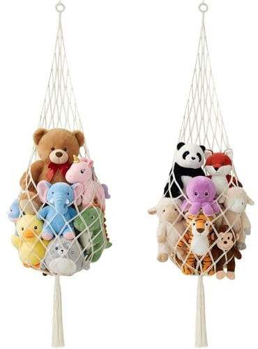 Tioncy 2 Sets Stuffed Animal Storage Organizers 70'' Stuffed Animal Hammock Corner Ceiling Hanging Net Macrame Display Holder Wall Mounted for Bedroom(Cream)