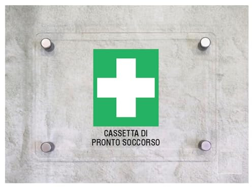 Global Targa Cartello in plexiglass - CASSETTA DI PRONTO SOCCORSO - Con Distanziali in acciaio inox, Stampa UV (15x21 cm)