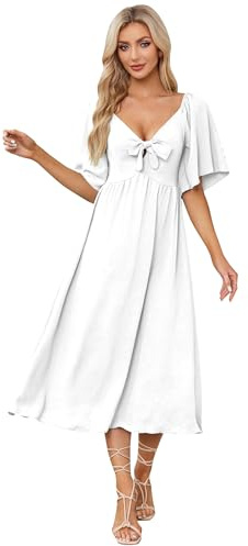 IDOPIP Kleid Damen Sommer Kurzarm Freizeitkleid mit Fliege Einfarig V-Ausschnitt Midikleid A-Linie Partykleid Cocktailkleid Elegant Festlich Hochzeit weiß XL